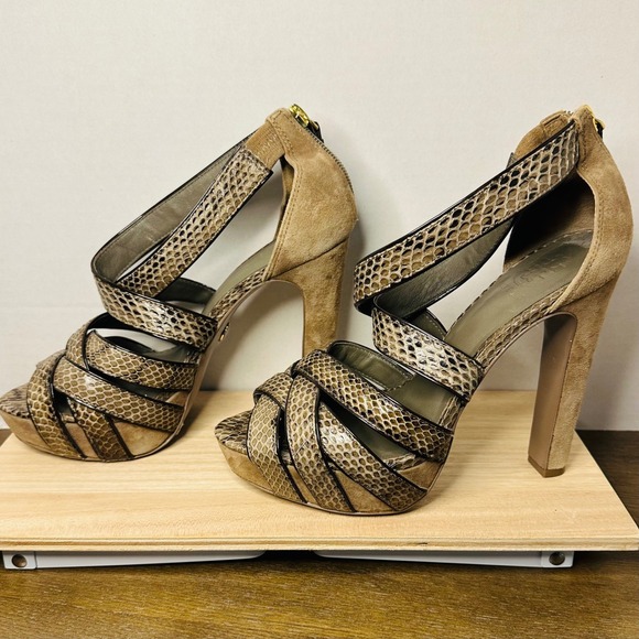 Tory Burch Venice Snakeskin Suede Platform Strappy Heels Tan Brown 7.5M Exotic